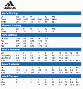 adidas width chart